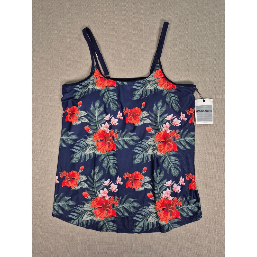Hanna Nikole Women Navy Floral Hibiscus Tankini Swim Only Top 24W NWT
